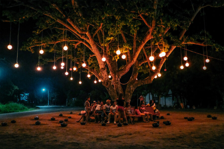 Un grand arbre avec des lumières dans les branches, de nuit, des gens assis autour du tronc